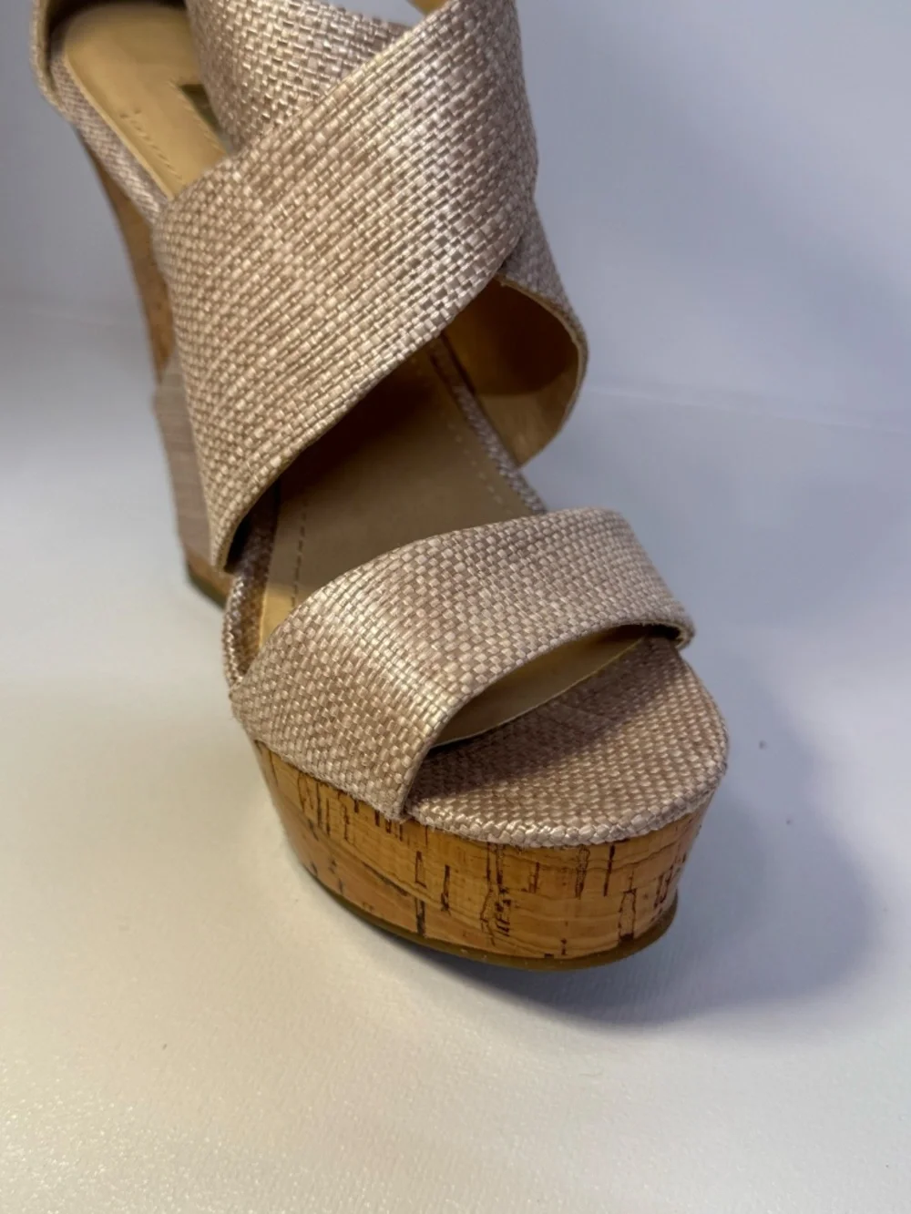BCBGeneration Gold Linen Raffia Cork Wedge Sandals Size 6B